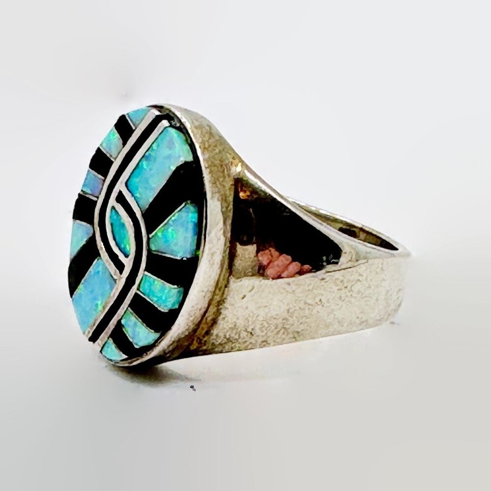 Opal Ring, Native American, Zuni, Black Onyx, Sterling Silver, Vintage, Size 11 - Picture 3 of 5